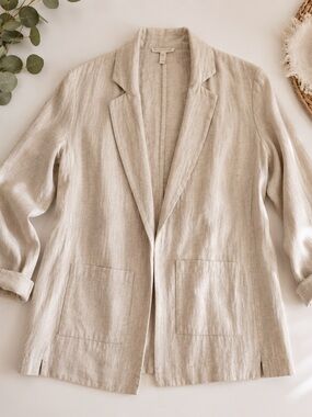 Eileen Fisher Organic Linen Blend Open Front Blazer Jacket XXS Beige Minimalist